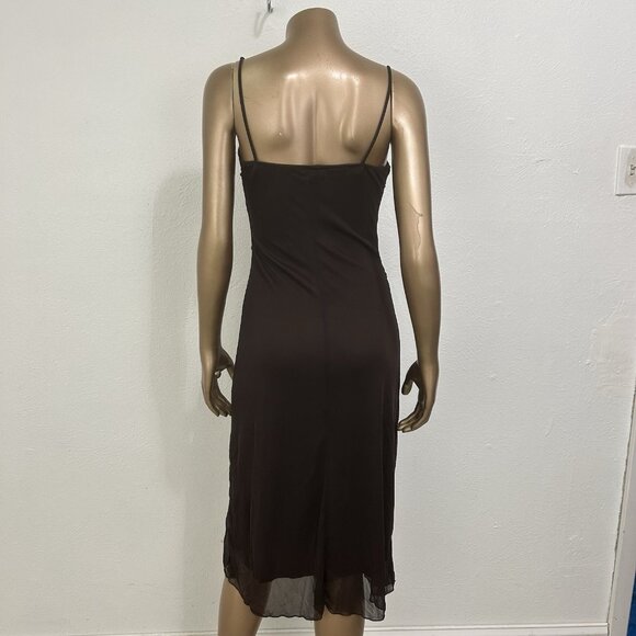 Vintage 90s Brown Chiffon Midi Dress Asymmetrical Hem Fairy Ethereal Earthy Sz M - Picture 4 of 12
